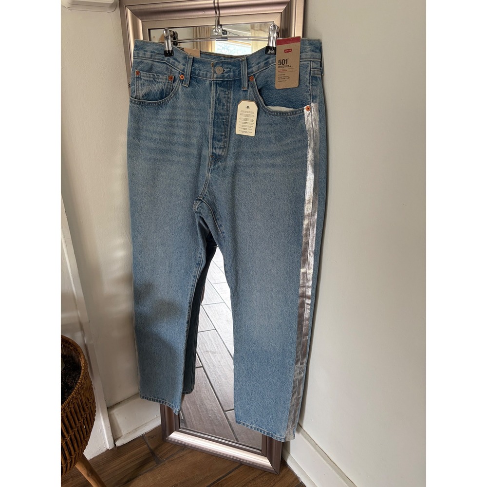 Levis 501 Original High Rise Straight Leg Jeans Silver Side Stripe 32x30 NWT